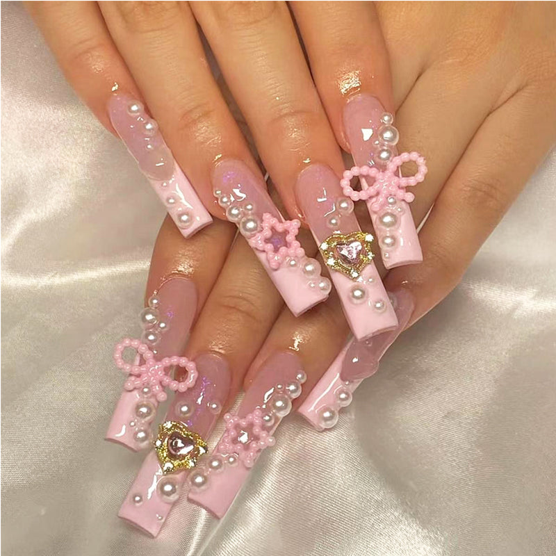 24PCS Bowknot Press-On Nails – Long Square