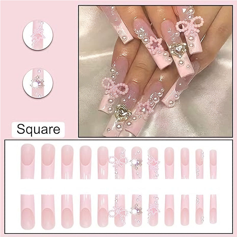 24PCS Bowknot Press-On Nails – Long Square